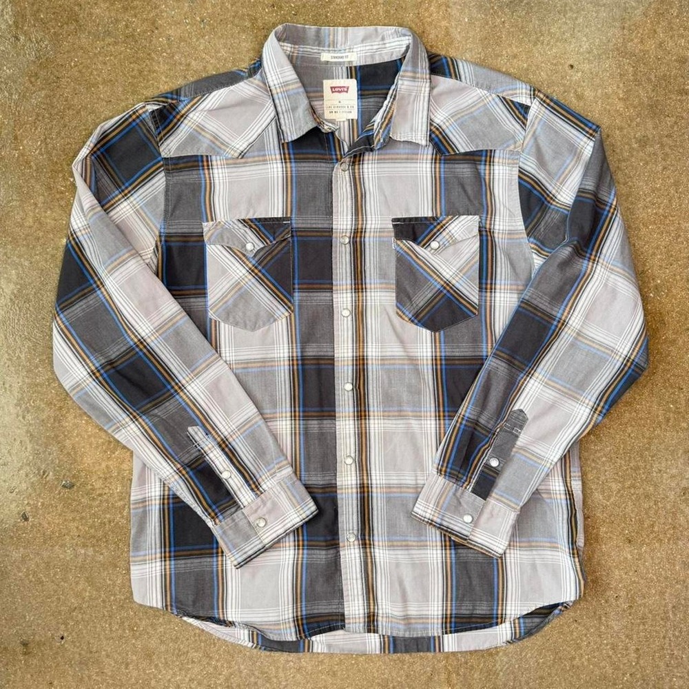 Levis Mens XL Grey Plaid Pearl Snap Western Shirt Standard Fit Long Sleeve